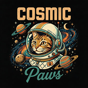 Cute Cat in Astronaut Helmet Floating Among Planets and Stars in Space Illustration