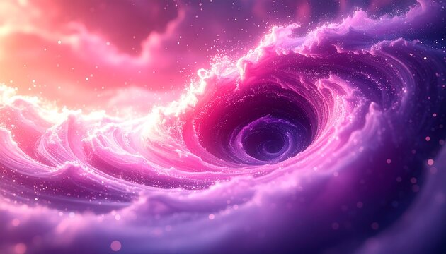 Swirling vortex of luminous pink and purple clouds with sparkling highlights, creating an otherworldly celestial scene