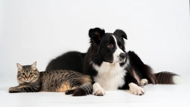 Playful border collie dog and tabby cat together at home pet photography indoor close-up view