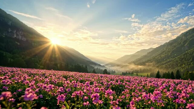 Sunrise Over Mountain Valley with Pink Blooming Flowers
