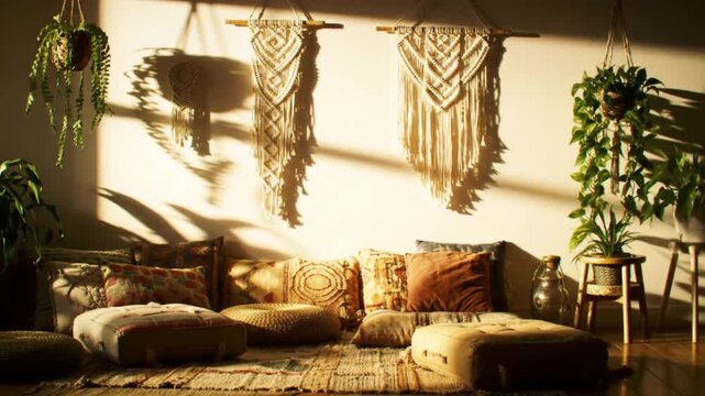 Boho living room with macrame wall hangings and plants bathed in golden hour sunlight wall hanging sofa cushions pillows rug wall hanging sofa cushions pillows