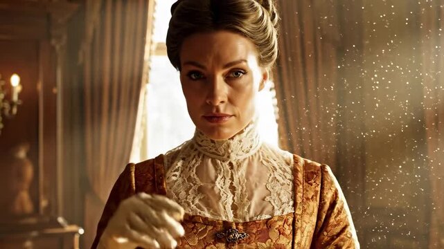 Noble woman in golden brocade gown and high lace collar wearing victorian fashion near tall curtains with floating dust motes, soft backlight, calm gaze, and ornate manor elegance in period style
