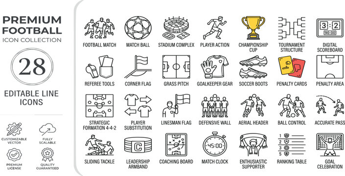 Football and soccer line icon set featuring match, goal, ball, stadium, player, championship, tournament, and score. Professional editable vector illustration.
