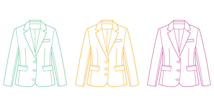 Set of three colorful womens blazers, fashion technical sketch of jackets with buttons and pockets vector illustration