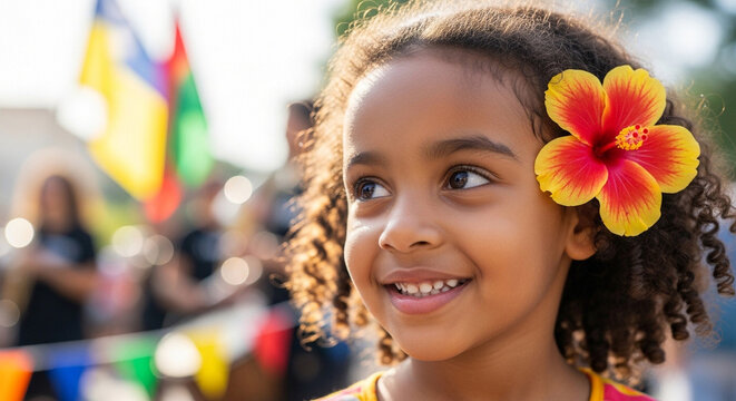 A smiling young Black girl with curly hair and a bright hibiscus flower tucked behind her ear, looking off to the side with a joyful expression.