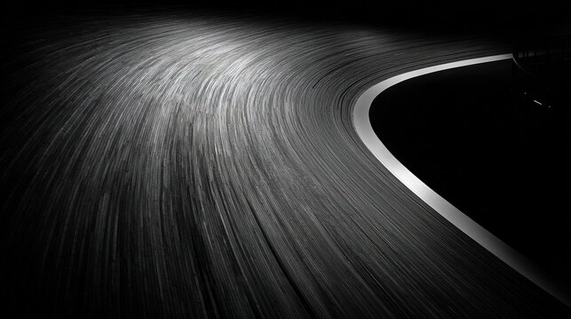 Steep wooden racing curve forming perfect parabola, minimalist architectural side view, abstract venue geometry