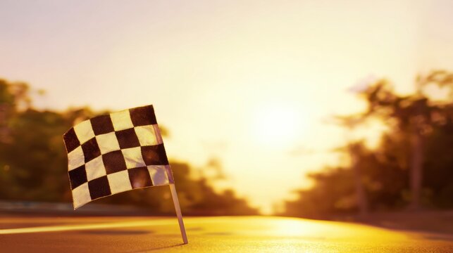 Checkered flag stands on road during sunset near trees and horizon