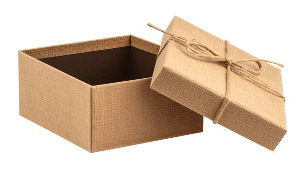 Textured tan box with open lid tied with rustic twine, isolated on white