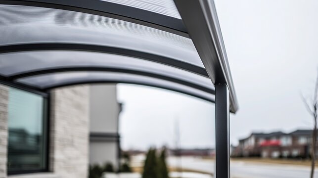 Metal-framed carport with translucent polycarbonate roof attached to modern residence, overcast architectural crop, strong clean composition
