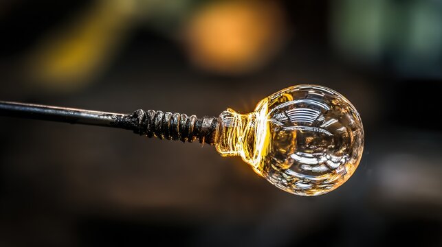 Glassblowing workshop with metal blowpipe tip aimed at glowing molten glass ball, intense heat haze, fine metal texture, dark studio