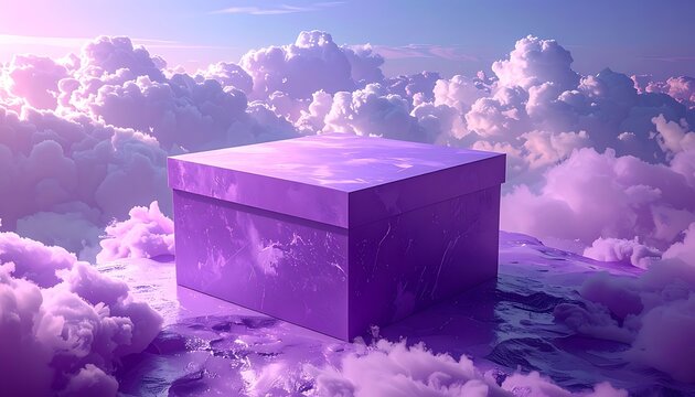 A purple box floats in the air among fluffy clouds