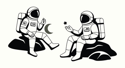 Space astronauts resting on lunar rocks crescent moon symbol vector illustration © MDRifat