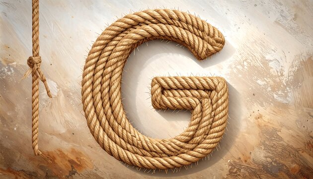 Textured tan "G" made of spiraling rope is center stage, next to knotted rope against a tan and white backdrop