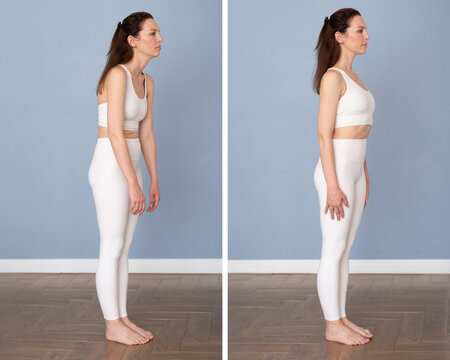Woman standing straight with correct posture and slouching
