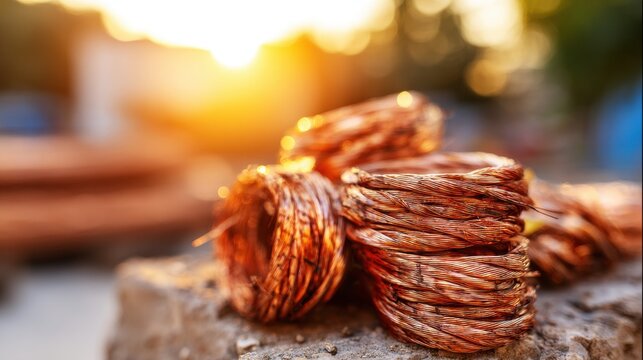 Copper wire coils arranged on a surface with bright sunlight in the background