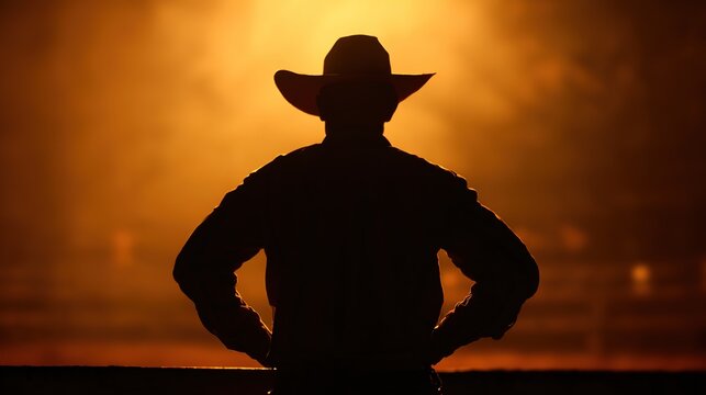 Strong sunset backlight on charro rider silhouette at arena edge, long shadows in dust, wide lens capturing heroic moment