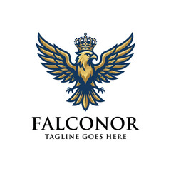 Fototapeta premium Heraldic eagle with crown logo emblem in gold and blue.