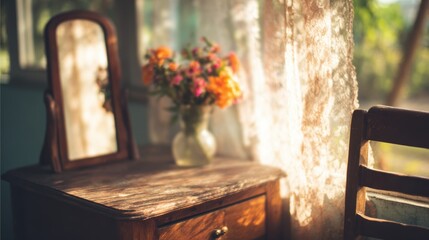 Fototapeta premium Sunlight shining through a window on a wooden table with flowers
