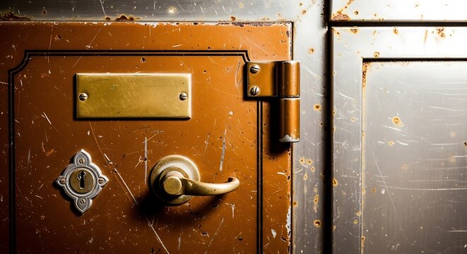Closeup of a rusty old safe with a brass handle and lock