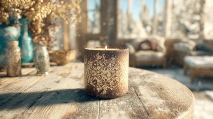 Naklejka premium Candle on wooden table with warm light in cozy winter cabin setting