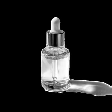 Clear Liquid Droper Bottle with Silver Cap and Reflection on Black Background Cosmetic Product Display isolated illustration on transparent background
