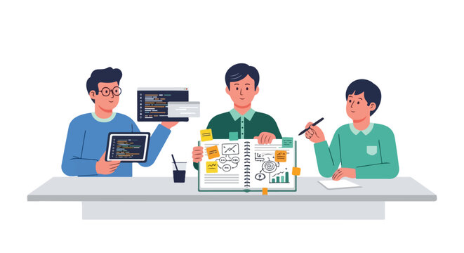 Three professionals collaborate at a table, sharing code and diagrams while brainstorming ideas for a modern software development project together.