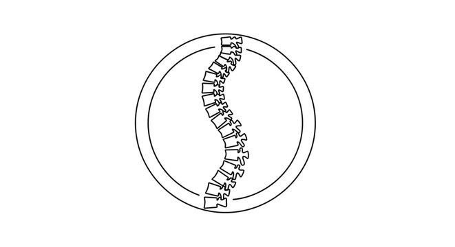 Black and white line art of a curved human spine within a circular frame illustrating scoliosis or spinal alignment for chiropractic use.