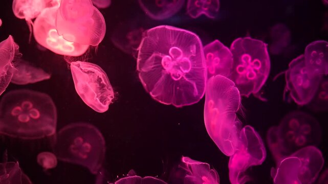 Closeup of Sea Moon jellyfish translucent blue light color and dark background.Aurelia aurita swimming underwater shots glowing jellyfish moving in water