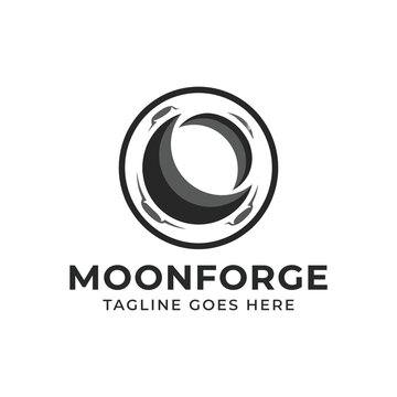 Industrial crescent moon forge logo for manufacturing and tech.