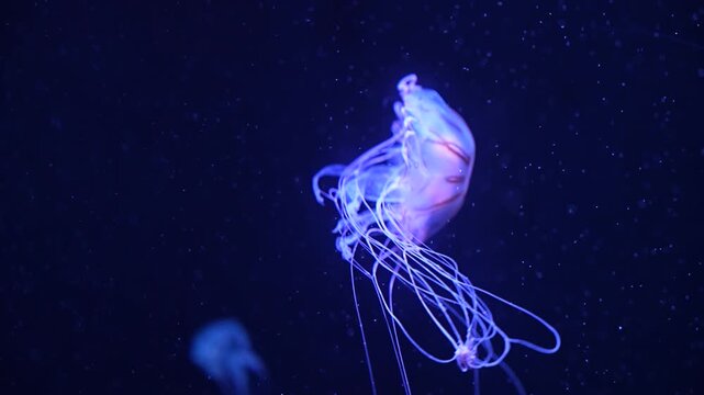 Closeup of Sea Moon jellyfish translucent blue light color and dark background.Aurelia aurita swimming underwater shots glowing jellyfish moving in water