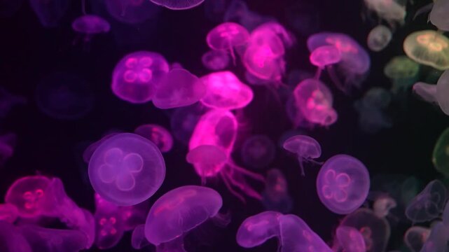 Closeup of Sea Moon jellyfish translucent blue light color and dark background.Aurelia aurita swimming underwater shots glowing jellyfish moving in water
