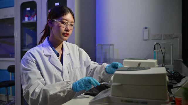 Female Scientist Performing Laboratory Work with Analytical Equipment in Modern Laboratory