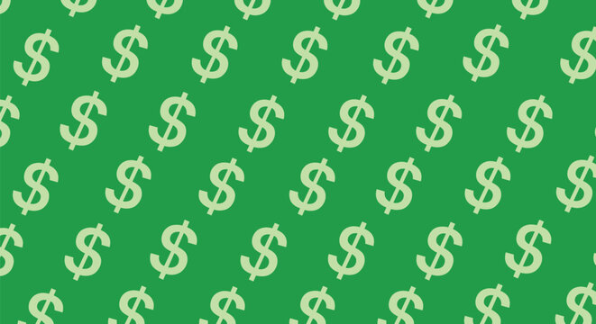 Repeated pattern of light green dollar signs arranged diagonally across a dark green background for finance business and money themes.