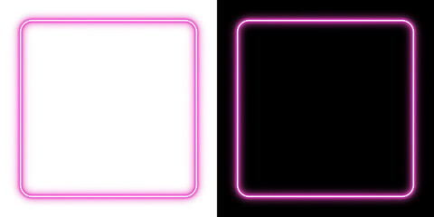 Pink glowing neon square frame with rounded corners on transparent and black background, isolated border overlay © imak