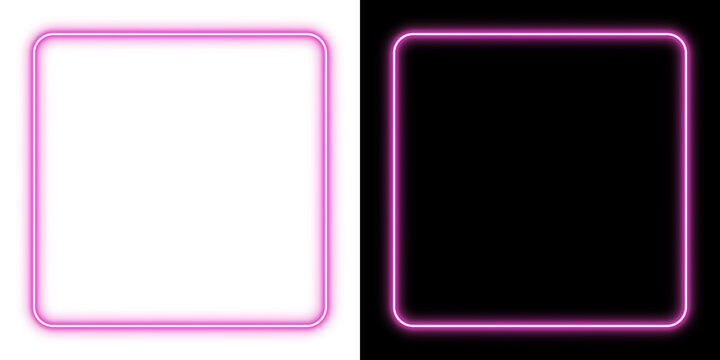 Pink glowing neon square frame with rounded corners on transparent and black background, isolated border overlay