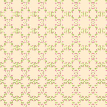 Dainty floral seamless pattern with small pink flowers and green vines. Delicate trellis geometric background on cream backdrop for wedding invitation.
