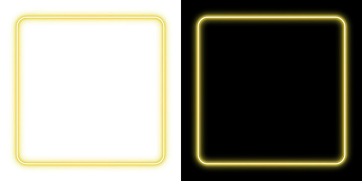 Yellow glowing neon square frame with rounded corners on transparent and black background, isolated border overlay