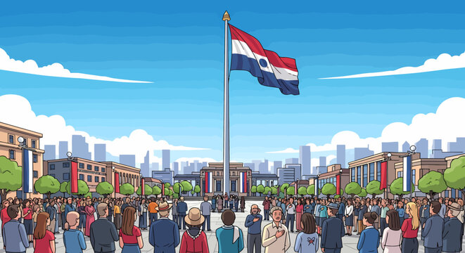 Patriotic Celebration with Flag and Crowd in City Square.