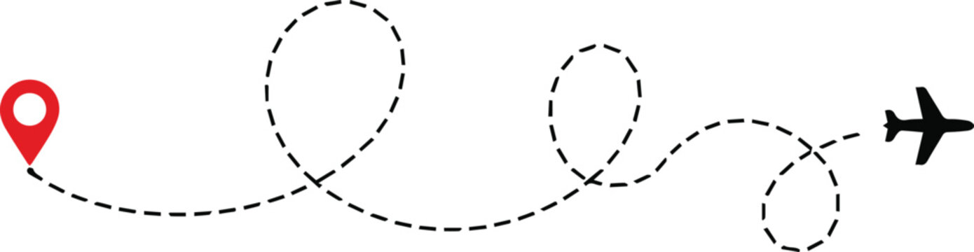 Airplane flight path with location marker and dashed route