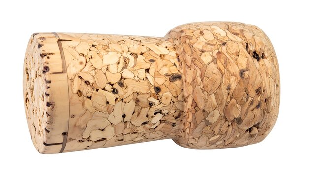 Tapered cork stopper from a sparkling drink bottle against a white backdrop, revealing the cork's porous texture