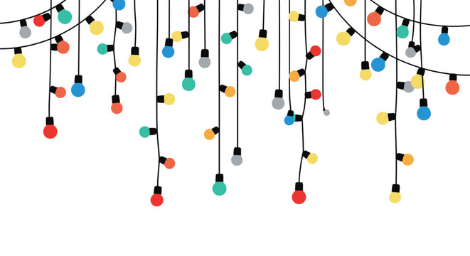 Festive background featuring colorful hanging string lights with glowing bulbs of various colors for party and holiday decor.