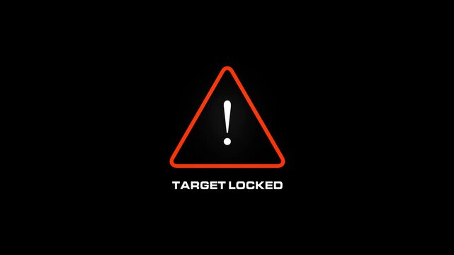 Futuristic target locked notification featuring glitch effects, digital interference and warning interface elements. Ideal for HUD displays, sci-fi visuals, cybersecurity content and motion graphics.