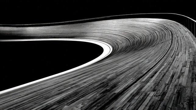 Steeply banked velodrome track curve forming perfect parabola, minimalist architectural detail, side view