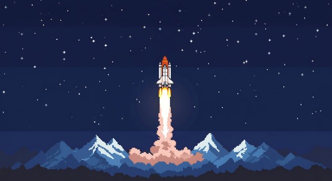 Pixel art space shuttle launching into starry night sky above mountains with fiery exhaust