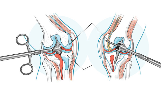 Detailed medical illustration showing surgical procedures on a knee joint including arthroscopy and ligament repair techniques.