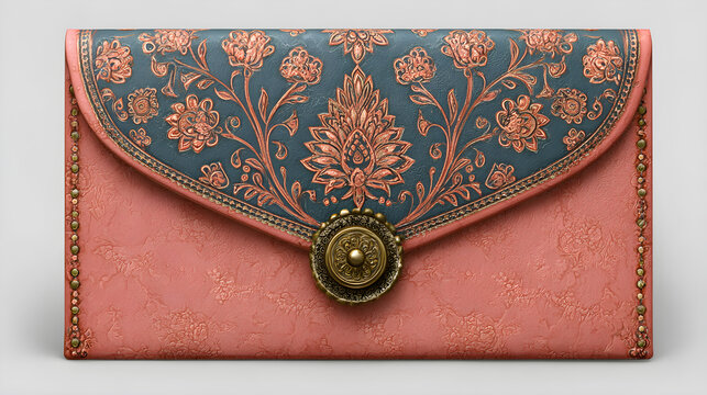 Vintage leather purse with a decorative metal ornament on a white background