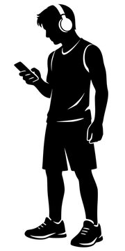 Silhouette of person with headphones looking at smartphone, symbolizing modern lifestyle, mobile technology, and digital connectivity.