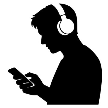 Silhouette of person with over‑ear headphones holding smartphone, symbolizing digital lifestyle, mobile technology, and modern connectivity.