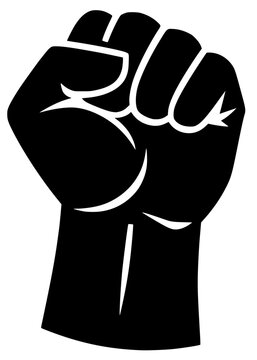 Bold vector silhouette of a raised clenched fist, featuring clean stylized cutout lines, a powerful graphic design, and high-contrast details on a transparent background grid.