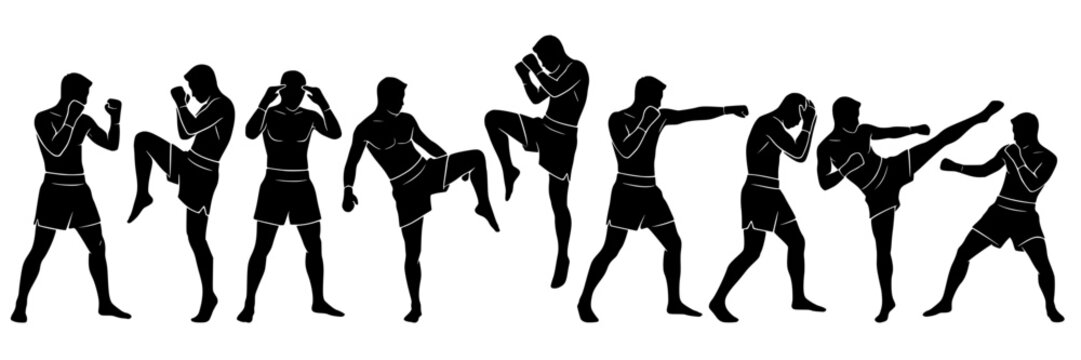 Silhouette sequence of martial artist performing stances, punches, kicks, and strikes, symbolizing combat training, discipline, and dynamic motion.